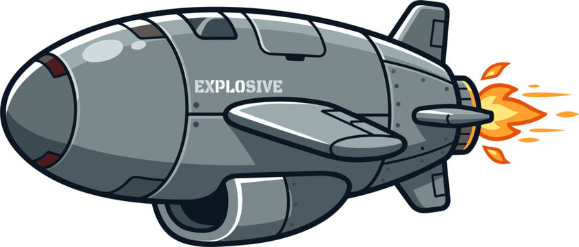 Pixel art zeppelin bomb with "EXPLOSIVE" text, retro gaming style, moving with jet propulsion and fire exhaust