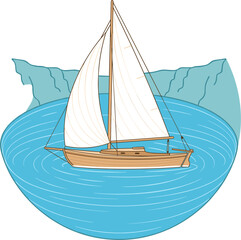 Fototapeta premium An outline illustration of a sailboat with white sails on blue water. The image depicts a calm sea with gentle ripples and a rocky shore in the background. Stylized, clean design.
