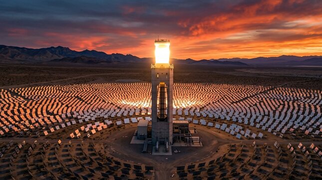 Aerial view of a concentrated solar power plant at sunset.