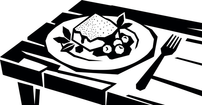 Slice of cake with berries and fork on wooden table