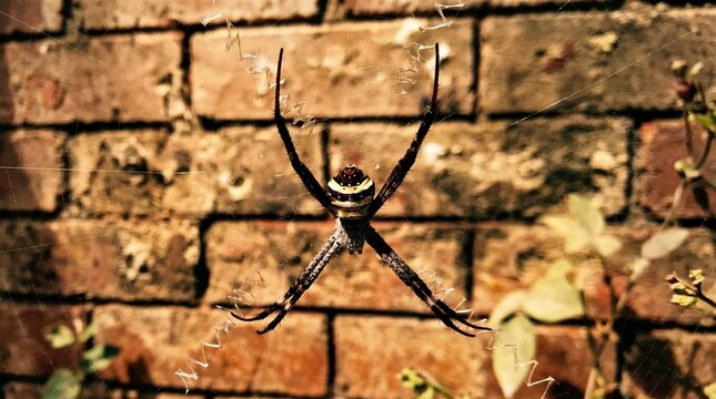Large orb weaver spider with striking yellow and black patterns resting on a detailed zig zag web structure in front of a rustic weathered red brick wall during golden hour