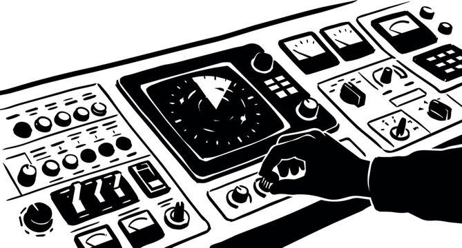 Hand adjusting control panel knobs with radar display and gauges