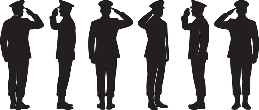 Set of black silhouettes of soldiers in uniform standing and saluting with military, silhouette