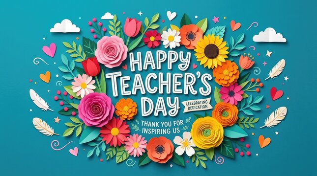 Happy teachers day celebration with colorful flowers and inspirational quote