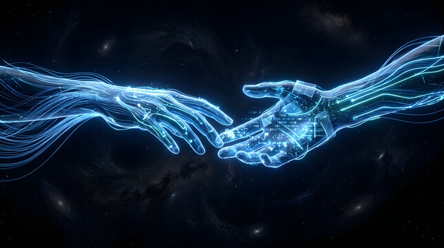 Futuristic digital hands connecting in deep space representing human and artificial intelligence collaboration and technological synergy in the modern era