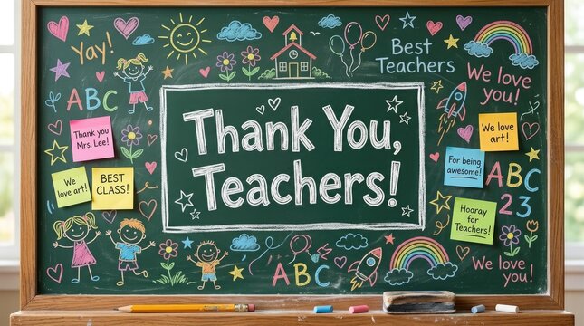 Happy teachers day thank you teachers chalkboard with colorful drawings and messages