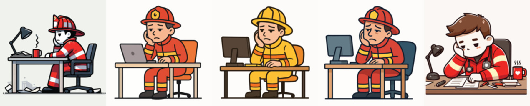 vector of tired and bored firefighters at work desk