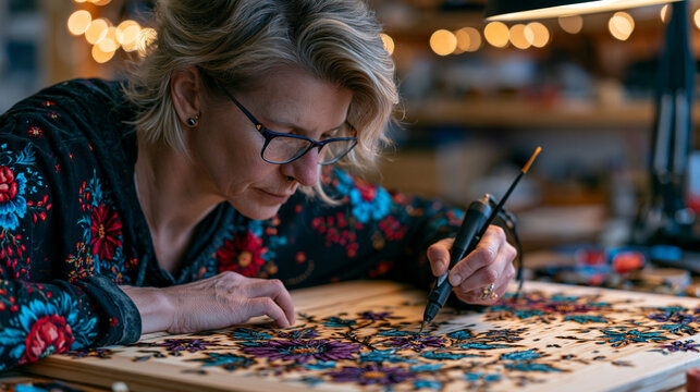 Pyrography and tole painting hybrid artist combining wood burning line work with hand-applied folk art botanical fills on a cabinet door panel, fine ball stylus and a rigger brush in use simultaneou