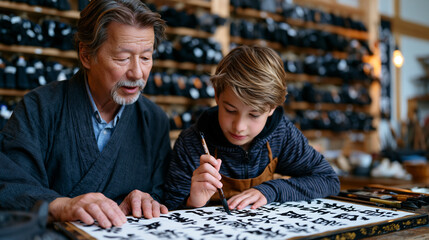 Fototapeta premium Senior calligrapher teaching a teenage apprentice the correct brush angle for kaishu script at a studio with floor-to-ceiling shelving of ink sticks, the master's hand guiding wrist placement over p