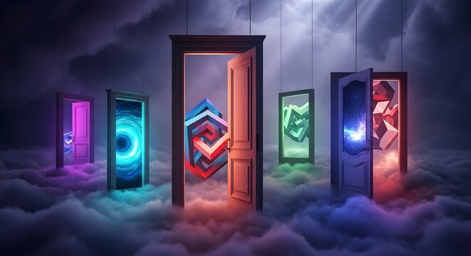 Surreal Portals to Parallel Dimensions Floating Above a Dreamy Cloudscape