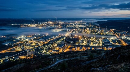Obraz premium Aerial view of a sprawling industrial port facility at twilight.