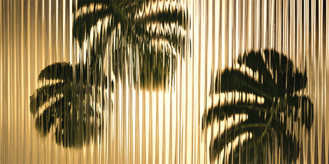 Tropical monstera leaves silhouette behind vertical fluted glass with monstera textured tropical silhouette abstract background vertical distorted refraction aesthetic interior © jr graphics