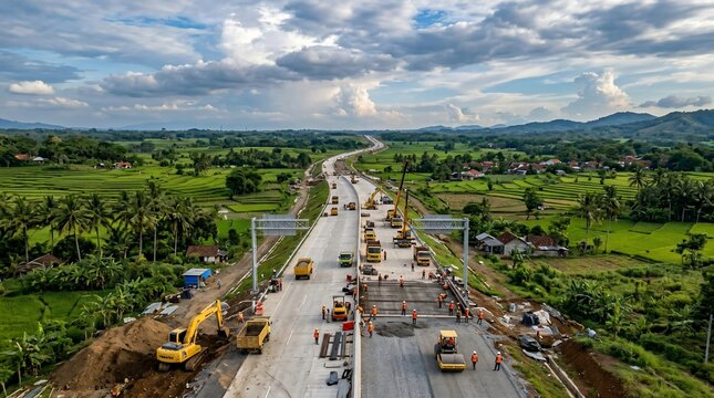 Aerial View of Highway Construction Project in Rural Landscape.