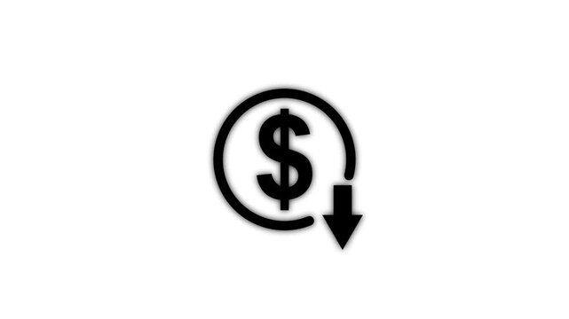 White neon dollar sign icon with downward arrow on White background dollar down icon symbol. Money reduction icon. circle with down arrow
