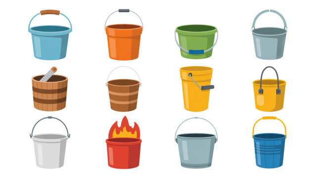 Colorful set of plastic buckets in a row on a flat surface Vector