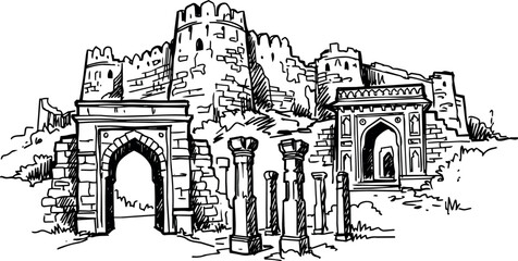 Naklejka premium Ancient fortress with stone arches and columns in historic ruins