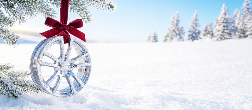 Banner Chrome car wheel hanging from a ribbon on spruce branches in fluffy, clean snow on blue winter background with space for text. New Year's for tire shops, car, and auto repair services