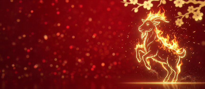 Happy Chinese New Year 2027 with a shining golden fire goat symbol with gold cherry blossom branches and flowers on a festive red background, astrological banner with space for text