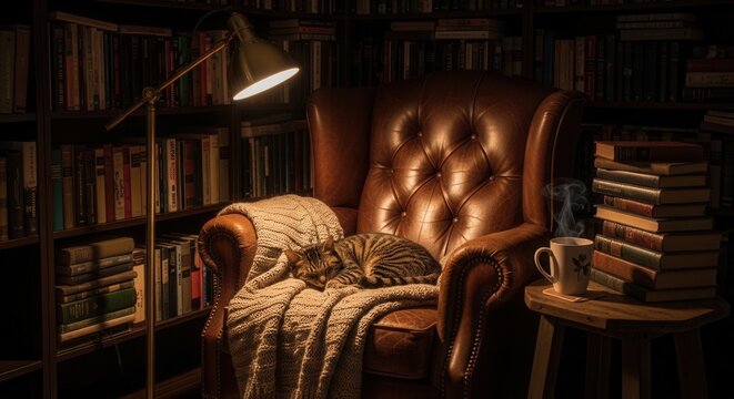 Cozy Reading Nook with Leather Armchair and Warm Lighting in a Library Setting