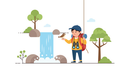 A young boy with a backpack and binoculars stands near a scenic waterfall while a small bird perches gently on his outstretched hand. © Syifa