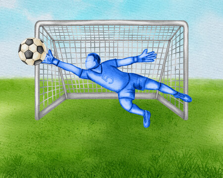 Watercolor illustration of a goalkeeper in uniform diving to catch a soccer ball at the gates on a green pitch under a blue sky background.