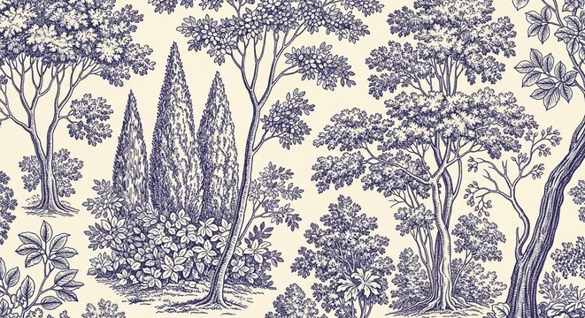 Vintage toile de jouy pattern with forest trees and garden foliage