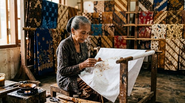 An elderly Indonesian artisan meticulously handcrafting traditional batik cloth in a workshop.