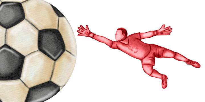 Watercolor illustration of a goalkeeper in a uniform diving to catch a soccer ball at the gates on a green pitch under a blue sky background.