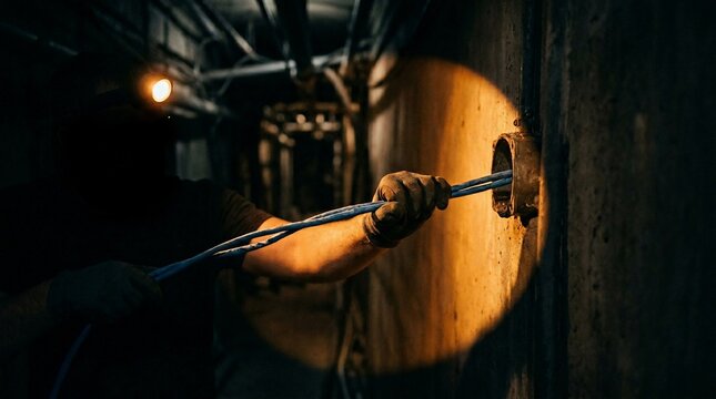 Artisan glassblower shaping molten glass in a dark workshop.