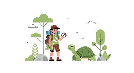 Naklejka premium A young boy dressed in hiking gear, holding a map and compass, encounters a large, friendly turtle in a minimalist natural forest landscape.