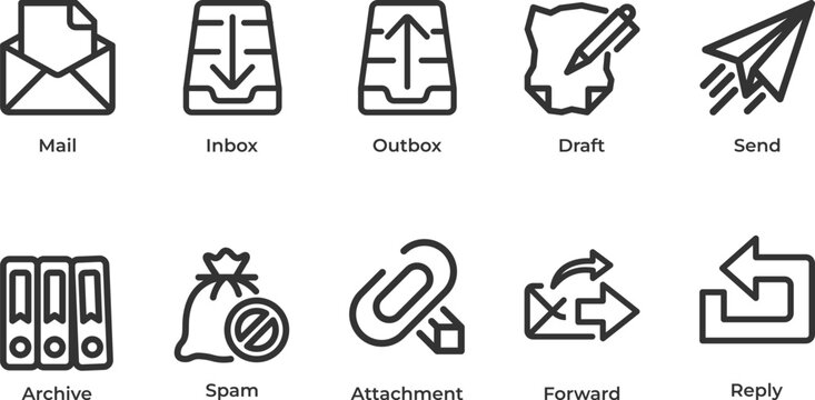 Email icons for mail inbox outbox draft send archive spam attachment forward and reply