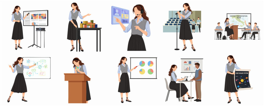 Set of illustrations depicting a professional woman in various educational and business presentation scenes including teaching, lecturing, and public speaking.