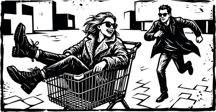 Person sitting in shopping cart with another person running behind in urban setting