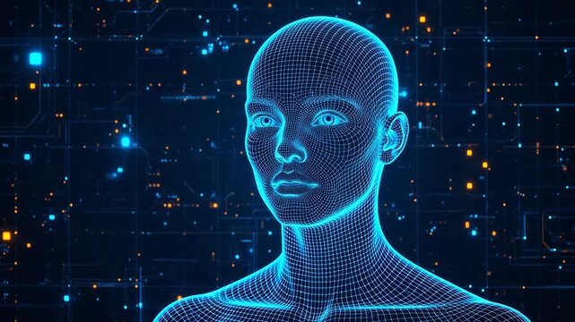 Wireframe human head in digital space