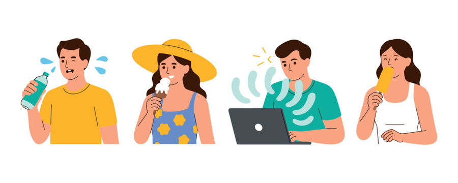 Diverse people staying cool during a hot summer heatwave by drinking water, eating ice cream and using a fan in bright sun.