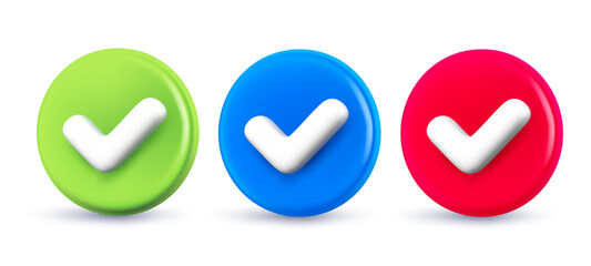 Obraz premium Colorful 3d checkmark circle icons set, realistic plastic check mark vector collection for interface confirmation, task management, success payment or approval