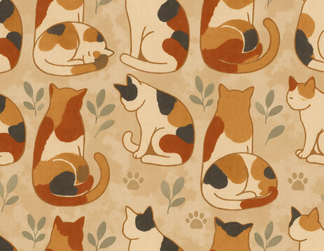 Seamless pattern of calico cats with leaves and paw prints