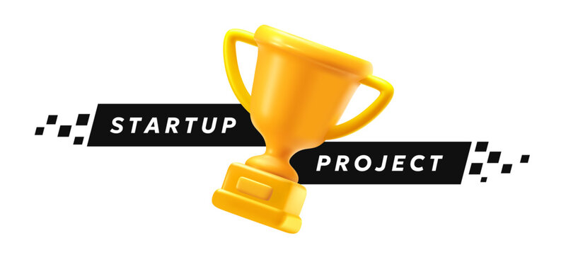 Golden 3d winner trophy cup vector template, realistic gold champion award with text for leadership and business achievement success