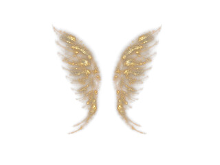 Naklejka premium Angel dust gold wing overlay. Wings gold light isolated on black background. Gold glitter Wings Digital background. Magic gold glitter golden dust wings