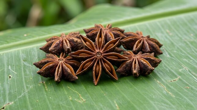 Exotic Star Anise Pods on Tropical Leaf: Introducing a Fragrant Spice from Indonesia