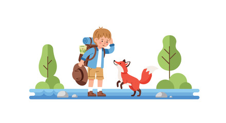 A young boy wearing a backpack stands by a river, greeting a friendly red fox in a peaceful forest setting under a clear white background. © Syifa