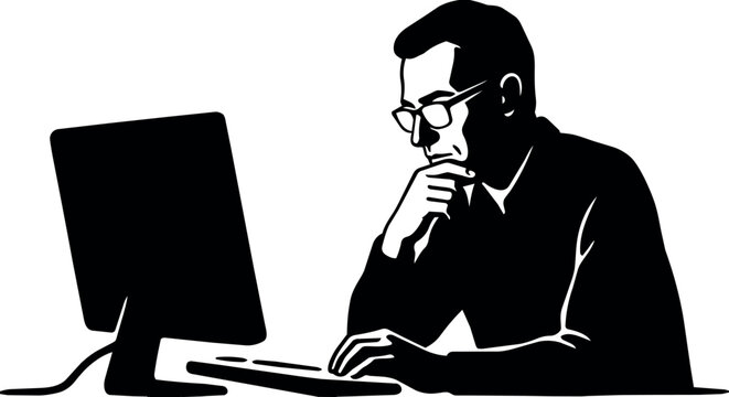 Silhouette of a man working on a desktop computer with thoughtful pose