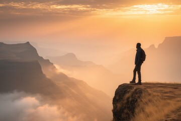 Obraz premium Solo traveler standing at the edge of a cliff dawn, low clouds filling the canyons below, dramatic golden light illuminating the peaks.