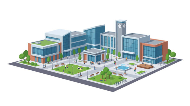 Modern Cityscape with Buildings, Park, and People - Isometric View