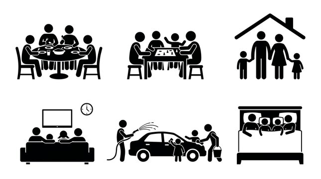 Black stick figure icons showing various daily family activities including eating dinner playing board games and washing a family car
