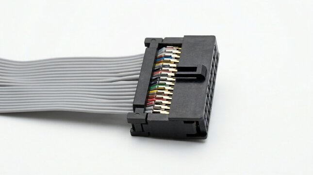 Close up of a computer ribbon cable connector on white background.