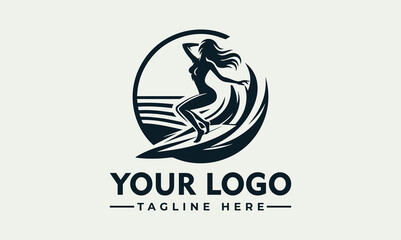 Woman Surfing on Ocean Wave Silhouette Vector Logo Illustration for Summer Sport © nuaari
