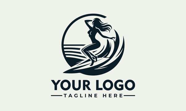 Woman Surfing on Ocean Wave Silhouette Vector Logo Illustration for Summer Sport