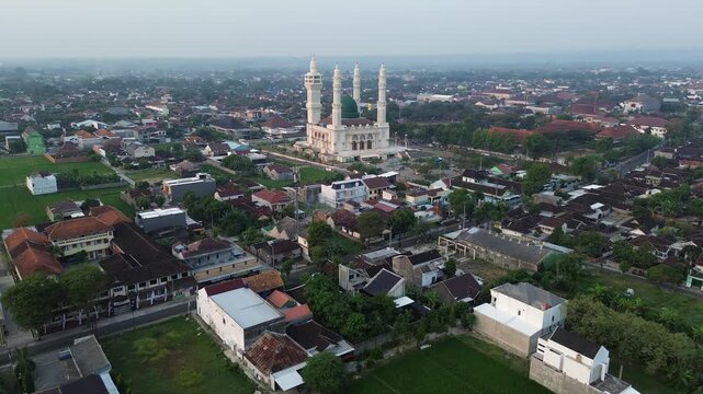 Aerial Sunrise View of Madaniyah Mosque in Karanganyar, Central Java, Indonesia