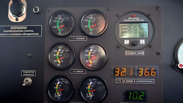 Aircraft engine control panel with analog gauges and digital displays showing temperature and pressure readings